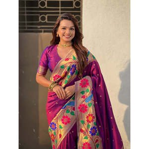 Sari Étnico Tejido con Hilo Zari de Seda Paithani con Borde Grande de Elite Weaves, Color Vino, para Mujer, 650 g - Product Image 5