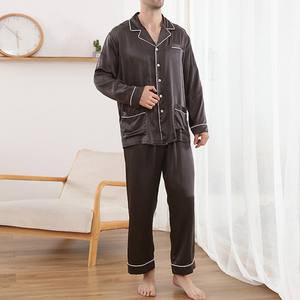 Ensemble de vêtements de nuit en soie pour hommes, pyjama à manches longues, couleur unie, vêtements de nuit de luxe en soie pour hommes, ensemble de vêtements de maison respirants - Product Image 1