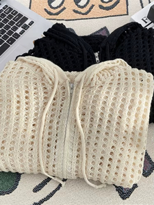 Cardigan à capuche en maille ajourée pour femme, style décontracté et ample, protection solaire, collection été 2026 - Product Image 1