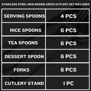 Ensemble de couverts en acier inoxydable de qualité supérieure SAZ ENTERPRISES, 29 pièces, modèle ALI-532, finition enduite de poudre, design élégant gravé - Product Image 6
