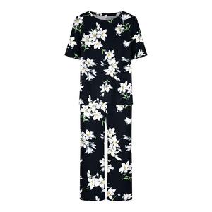Conjunto de Pijama para Mujer con Estampado Floral, 3/4 de Largo, Casual, 2 Piezas, Cuello Redondo, Manga Corta, Pantalones, Ecológico - Product Image 5