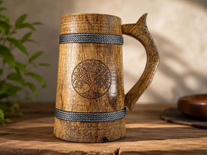 Tapa de Madera Natural Hecha a Mano, Estilo Vintage, Ecológica, Marca FAIZA CRAFT, Certificada por CE, Apta para Microondas, para Taza de Cerveza, Madera Sólida, Estilo Vikingo - Product Image 1