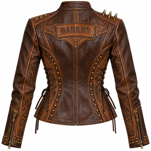 Brown <b>Women</b> Genuine Leather Biker <b>Jacket</b> Custom Cowgirl Print Side Laced Embossed Studded Outerwear OEM Factory Service - Product Image 2