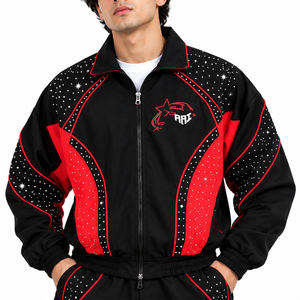 Veste coupe-vent et short de luxe en nylon noir et rouge avec strass, style sportif d'été, veste de survêtement personnalisée USA - Product Image 6