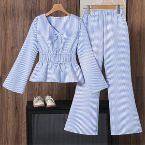 Conjunto de Ropa Casual para Adolescentes, Diseño Primavera 2025, Camisa a Rayas de Manga Larga y Pantalones Acampanados, 2 Piezas - Product Image 1