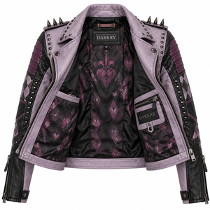 Chaqueta de Cuero Genuino Personalizada para Mujer, Estilo Motero, con Tachuelas y Púas, Color Morado, con Estampado Gráfico, Estilo Gótico Punk, OEM ODM - Product Image 5