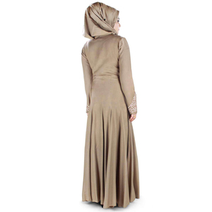 Robe de soirée élégante beige modeste avec broderie florale, manches longues, longueur au sol, en satin, pour femme - Product Image 2
