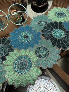 Handmade Beaded <b>Placemat</b> Rectangular Shape Turquoise Brown Floral Embroidery With Needle Work Home Decoration - Product Image 5