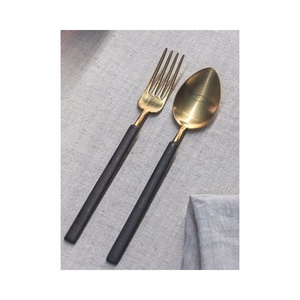 Round Black Ceramic Handle <b>Gold</b> <b>Mirror</b> Polished Cutlery Set-<b>Vintage</b> Inspired Spoon Fork Salad Server with Amazing Design Handle - Product Image 1