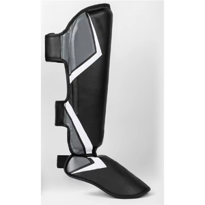 Premium Genuine <b>Leather</b> Shin Guard Black <b>White</b> Accents Hook Loop Closure Lightweight Professional Protection Breathable Sports - Product Image 1