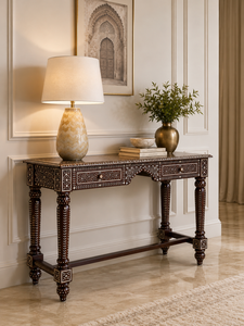 Table console traditionnelle en bois de manguier massif, incrustation d'os, fabrication artisanale, meubles pour entrée et salon - Product Image 2