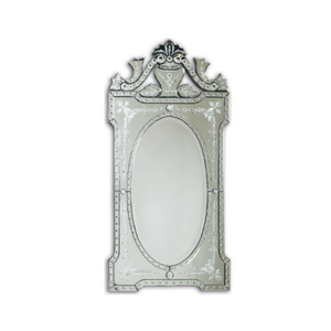 Miroir mural baroque vénitien avec centre ovale et couronne ornée | Miroir décoratif antique en argent gravé pour la décoration de la maison - Product Image 1