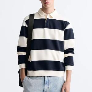 Camiseta de Hombre a Rayas de Manga Corta con Cuello Alto, Tejida, 100% Algodón, Transpirable, Corte Regular, Diseño Casual, Color Azul Marino y Blanco - Product Image 2