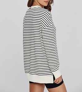 Sudaderas de Forro Polar para Mujer al por Mayor, OEM ODM, con Rayas Estampadas, Hombro Caído, Estilo Modesto, Ecológicas, Lavadas a la Piedra, Cuello Redondo, Ropa Urbana - Product Image 5