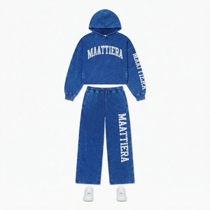 Conjunto de Sudadera Oversize Azul Lavado Personalizado y Pantalones Anchos de Felpa para Mujer, Chándal de Algodón Estilo Urbano OEM ODM - Product Image 4