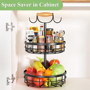 2 Tier Fruit <b>Basket</b> with Dual Banana Hanger Wooden Handle Metal <b>Wire</b> Fruit Bowl Kitchen Counter Storage Organizer - Product Image 2