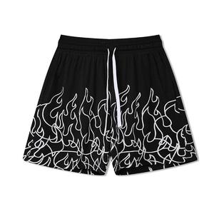 Shorts pour hommes en polyester noir à imprimé flamme, taille mi-haute, respirants, décontractés, imprimés par sublimation, avec cordon de serrage - Product Image 1