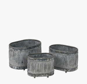 Juego de 3 Macetas Ovaladas de Metal Galvanizado, Macetas Rústicas para Jardín, Contenedores Decorativos para Exteriores, Macetas para Flores de Jardín - Product Image 1