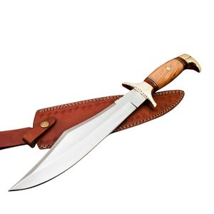 Cuchillo de caza Bowie hecho a mano de acero D2 con mango de madera de olivo marrón, hoja fija plateada, funda de cuero, cuchillo para acampar al aire libre - Product Image 1