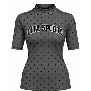 Dark Gray Polka Dot Women <b>Mock</b> <b>Neck</b> Short Sleeve T Shirt Slim Fit Casual Printed Stretch <b>Top</b> Fashion Summer Wear Wholesale Cu - Product Image 1