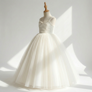 Elegante Vestido de Niña para Bodas con Tirantes de Perlas Color Marfil, Vestido Largo de Tul para Fiesta de Princesa para Adolescentes y Niñas, Venta al Por Mayor - Product Image 3