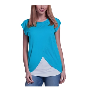 Camiseta de punto asimétrica con manga casquillo para mujer, color liso, cuello redondo, ajuste holgado, largo regular, azul - Product Image 1