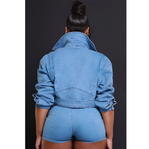 Veste en jean pour femme avec col montant, fermeture éclair, manches longues, coupe courte, couleur unie, style décontracté printemps - Product Image 4