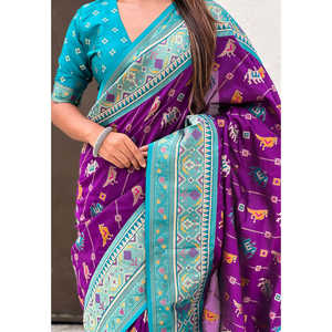 Sari Patola Leheriya en soie douce violette tissé avec des fils Zari, avec des tissages contrastés, robes de soirée élégantes - Product Image 4