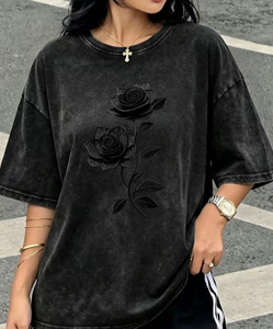 Plus Size Women's <b>Patchwork</b> Anti-Wrinkle O-Neck Pullover Short Sleeve 100% Cotton Casual Summer Knit Tee 380g Digital Printed - Product Image 1