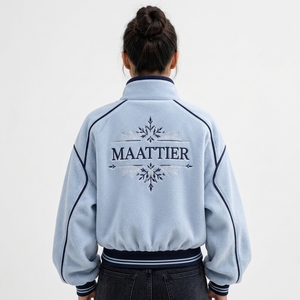 <b>Womens</b> Light Blue Fleece Bomber <b>Jacket</b> with Navy Piping Striped Ribbed Cuffs Snap Button Closure Custom Wholesale - Product Image 2