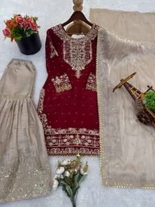 Ensemble de paillettes indiennes brodées Sharara Gharara Kurti de créateur pakistanais vêtements ethniques 3 pièces ensemble Georgette robe ethnique prête à l'emploi - Product Image 3