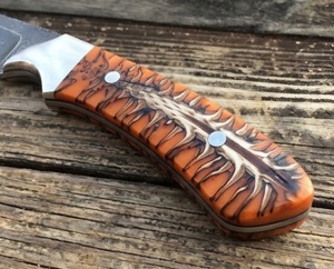 Custom Handmade Damascus Steel Hunting Knife Orange <b>Pinecone</b> Resin Handle Fixed Blade Skinner with Floral Tooled Leather Sheath - Product Image 2