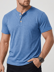 Men's Short Sleeve Henley T-Shirt Solid Color Knitted Cotton Casual Regular Fit Breathable V-neck Maroon Jersey Button-<b>Up</b> 180g - Product Image 4
