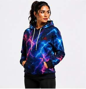 Sudadera con Capucha para Mujer, Estampado de Rayos por Sublimación, Azul y Rosa, Tejido de Poliéster, Prenda Otoñal Transpirable, Puños Acanalados Negros Sólidos - Product Image 3