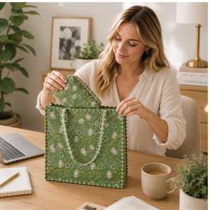 Bolso Tote de Algodón Floral Verde y Blanco Premium Knnotted Earth + Set de Neceser Hecho a Mano Ecológico Ligero con Cierre de Cremallera y Cadenas - Product Image 4