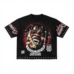 T-shirt noir oversize pour homme à manches courtes, orné de strass, style urbain 77, col rond, coupe jersey, 100 % coton respirant tricoté - Product Image 2