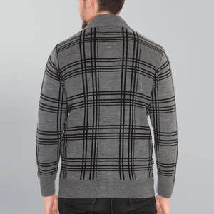 Custom Men's Knitted Plaid Zipper Sweater Full Sleeve Autumn Pullover Regular Fit Gray <b>Black</b> Pattern - Product Image 4