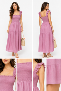 Robe mi-longue décontractée en coton coupe trapèze pour la plage - Élégante robe rose à corsage smocké, bretelles volantées et détails en dentelle pour les vacances d'été - Product Image 5