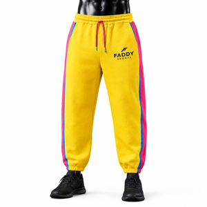 Pantalon de jogging jaune personnalisé avec logo, rayures latérales, en molleton, coupe ample, style streetwear décontracté, en coton, pour hommes, vente en gros - Product Image 1