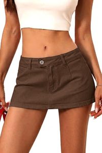 Mini-jupe en jean marron pour femme, couleur unie, style décontracté d'été, coupe trapèze, avec fermeture boutonnée, coupe classique - Product Image 3