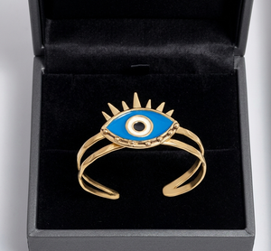 Bracelet ajustable pour femme en laiton plaqué or, fait main, motif Azure Vigil, avec émail œil bleu, talisman protecteur, résistant au ternissement - Product Image 4