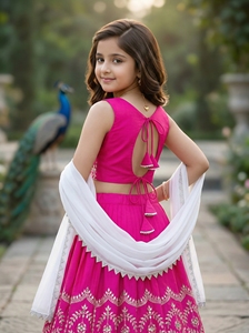 Shoryam Fashion Girls Pink Lehenga Choli Indian Traditional Ethnic Wear Embroidered Mirror Work Fully Stitched Floor-Length Kids - Product Image 3