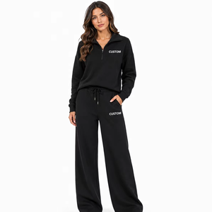 Conjunto Deportivo para Mujer, Sudadera Negra con Media Cremallera, Pantalones Anchos, Corte Holgado, Ropa Deportiva, Logotipo Personalizado, Venta al Por Mayor - Product Image 1