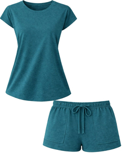 Women's Teal 2-Piece <b>Knitted</b> <b>Set</b> Short Sleeve Crew Neck Top With Drawstring Shorts Solid Breathable Casual Spring Summer Wear - Product Image 2