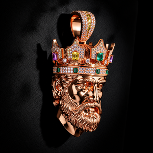 Pendentif Couronne en Or Rose avec Breloque Visage Barbu et Pierres Précieuses Multicolores, Collier Bijou Cadeau - Product Image 2