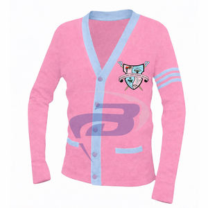 Suéter Cárdigan de la Hermandad Gamma Phi Delta, Tejido Rosa con Rayas Azul Claro y Logotipo Bordado, Ropa de la Hermandad GPD - Product Image 2