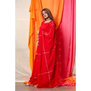 ชุดเดรสทรงเอไลน์สีแดงกุหลาบประดับด้วยลายปักสีทองแบบแฮนด์เมด ไซส์ XS เอวทรงเอ็มไพร์ คอไขว้แบบผูกเชือก ผ้าออร์แกนซ่า - Product Image 4