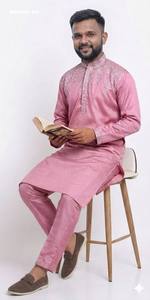 High Quality Fancy Silk with Top-Side Embroidered Readymade Full-Sleeve <b>Kurta</b>-Same Color Polo Pant Collection At Wholesale Rate - Product Image 5