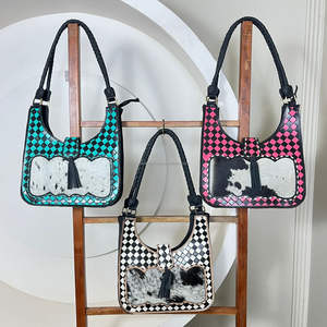 Sac à main en cuir de vachette artisanal occidental personnalisé, turquoise et noir à carreaux, sac à bandoulière pour femme, sac fourre-tout tendance avec pompon - Product Image 4