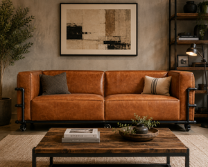 Sofá convertible de tres plazas de cuero genuino industrial con diseño minimalista, estructura metálica y ruedas para sala de estar - Product Image 2